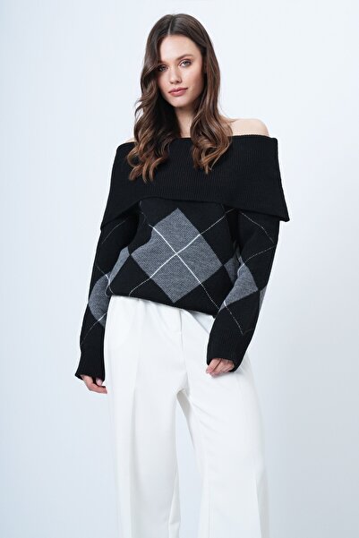 VAGGON Women's Black Madonna Collar Diamond Pattern Knitwear Sweater Vs01522