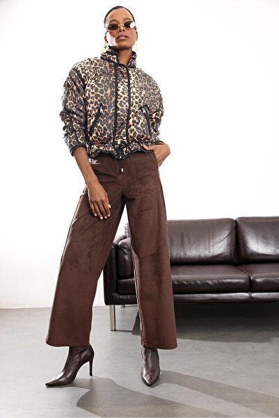 5in1Canpolat Black Waist-Cinching Leopard Print Coat 99463