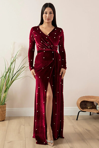 AZRA BUTİK Velvet Pearls Long Evening Dress Burgundy