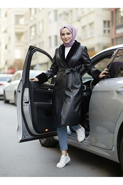 Hb Harma Time Butik Women's Black Leather Trench Coat with Fur Collar and Belted Lining