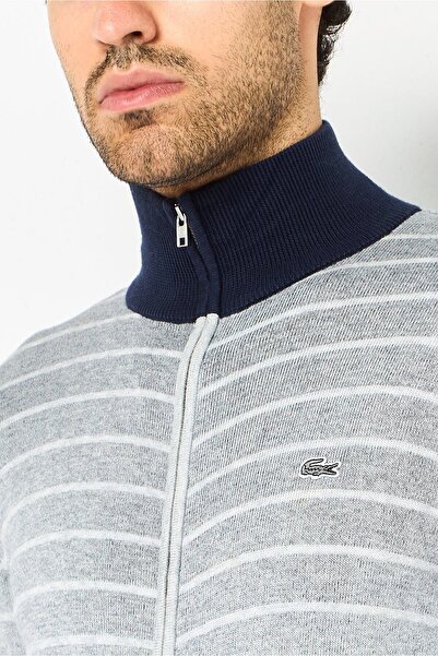Lacoste Men Striped Long Sleeve Full Zip Sweater, Grey