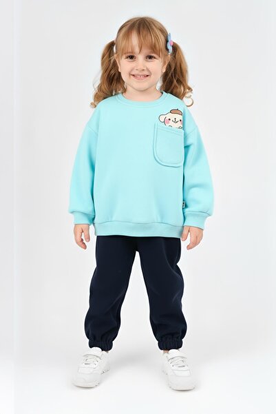 Perendi Girl's Crew Neck Sweatshirt with Print Detail and Fleece Lined Jogger Bottom Set – Turquoise