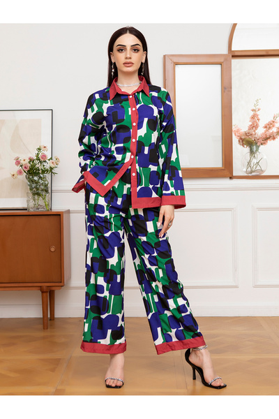 FridayIn Holiday style Lapel Color contrast Printing Buttons Waist drawstring Shirt sleeve Pants Suits