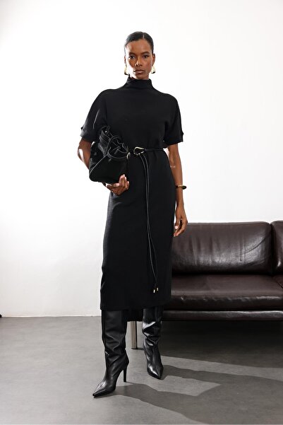 5in1Canpolat Μαύρο φόρεμα ψηλός λαιμός από ύφασμα πικέ 11052