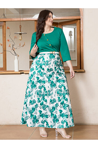 FridayIn Sweet Round neck Color contrast Printing Belt Buttons Regular sleeve Dress Suits