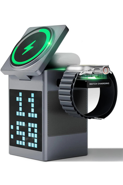 AUXITO 6-in-1 Wireless Charging Station — 5/7.5/10/15W, Bluetooth Speaker, Digital Clock