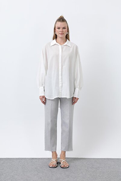Loreen Women's Flounced Oversized Cotton Poplin Shirt-20665Gml - Ecru