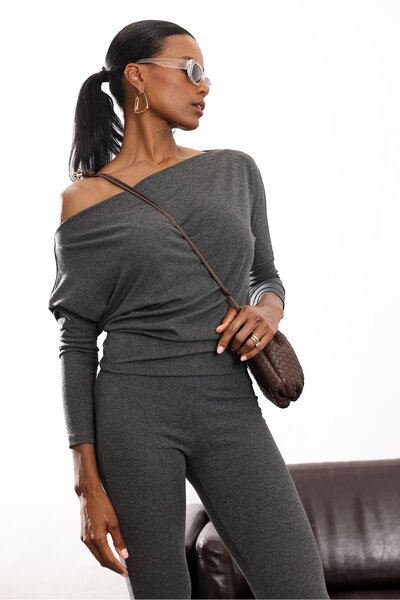 5in1Canpolat Anthracite Asymmetrical Collar Blouse 6176