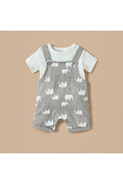 Juniors Solid T-shirt and Elephant Print Dungaree Set with Button Closure