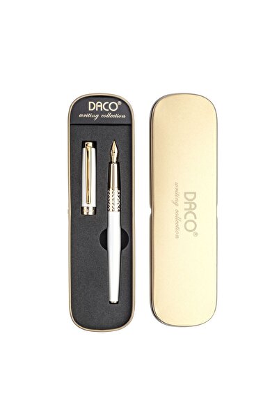 Daco White metal pen with folkloric motifs, F iridium nib, elegant gift box
