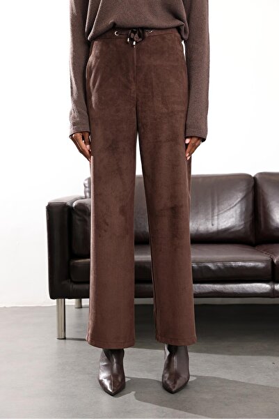 5in1Canpolat Brown Straight Cut Suede Trousers 10850