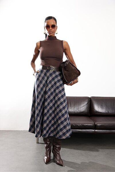 5in1Canpolat Navy Blue Plaid Patterned Midi Skirt 4086