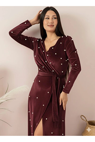 AZRA BUTİK Velvet Pearls Long Evening Dress Plum