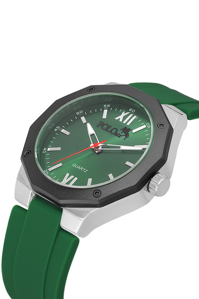 Polo Air ساعة يد رجالية بسوار معدني من السيليكون باللون الأخضر والفضي PL-7048E3x