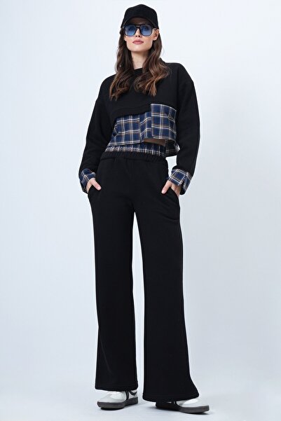VAGGON Women's Black-Navy Blue Plaid Detailed Sweatshirt and Wide Leg Pants Set Vs01524