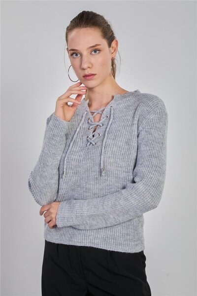BARRELS AND OIL Women's Collar Lace-Up Knitwear Sweater - Light Gray