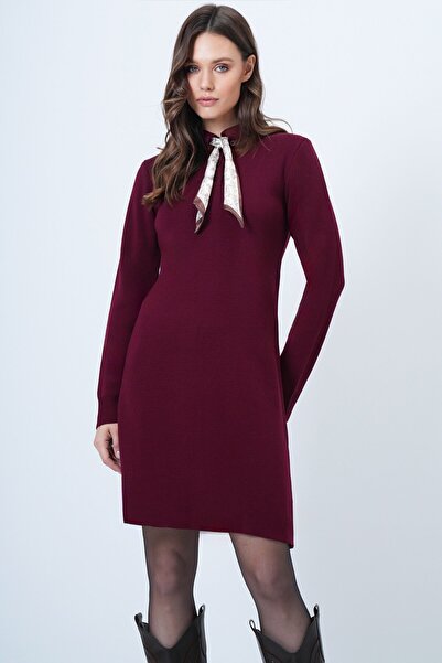 VAGGON Women's Burgundy Scarf Shirt Collar Mini Dress Vs01523