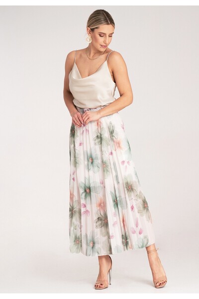 Figl Floral Printed Pleated Skirt - Elegant High Waist Skirt - Green M1163 Size S/M