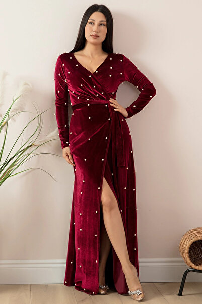 AZRA BUTİK Velvet Pearls Long Evening Dress Burgundy