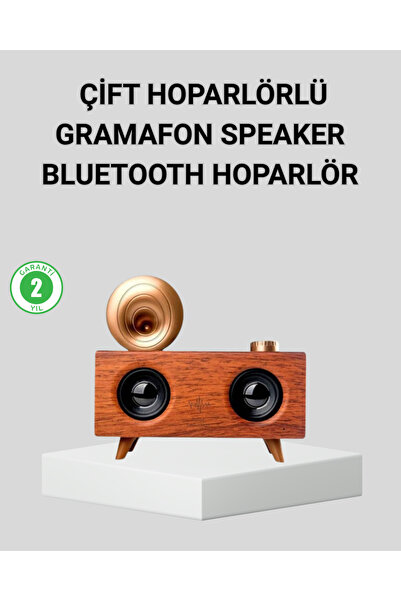 UCUZTEKNO Retro Gramafon Bluetooth Hoparlör Çift Stereo Sesli FM Radyo Destekli