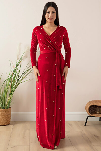 AZRA BUTİK Velvet Pearls Long Evening Dress Red