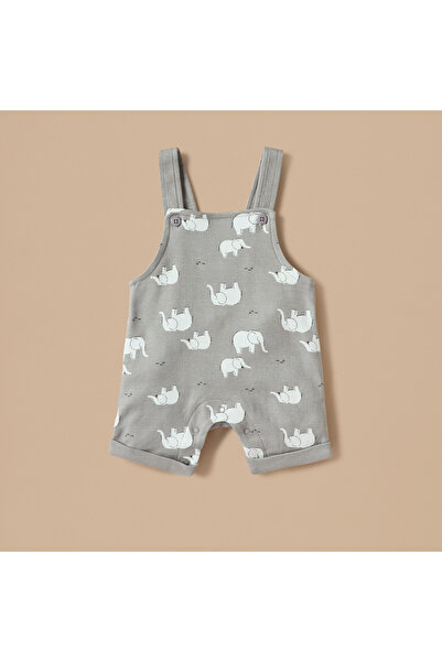 Juniors Solid T-shirt and Elephant Print Dungaree Set with Button Closure