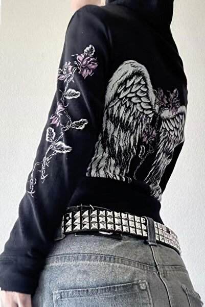 Karakedi Black Winged Back Gothic Flower Y2K Crop Cardigan