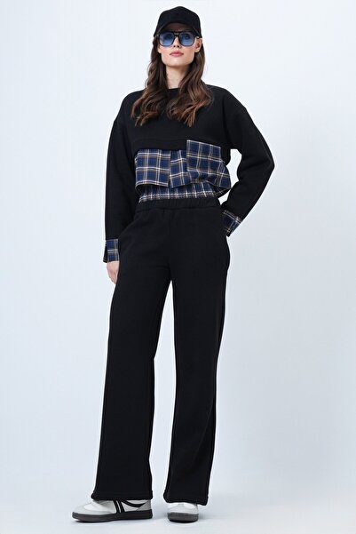 VAGGON Women's Black-Navy Blue Plaid Detailed Sweatshirt and Wide Leg Pants Set Vs01524