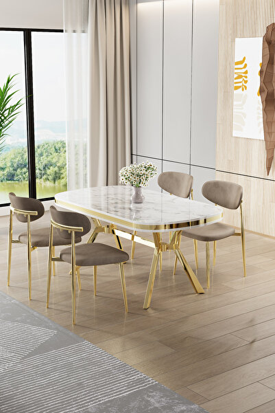 Canisa Olya Serisi 90x168 Lak Panel Beyaz Mermer Desen Masa Takımı Gold Ayakl...