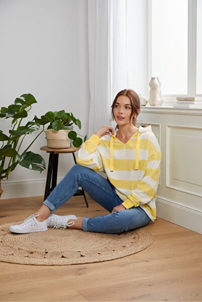 Tchibo Women Hooded Drawstring Stripe Long Sleeve Sweatshirt, Yellow