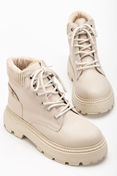 Hayalimdeki Ayakkabı Γυναικείες μπότες με αντιολισθητική σόλα με κορδόνια σε μπεζ δέρμα