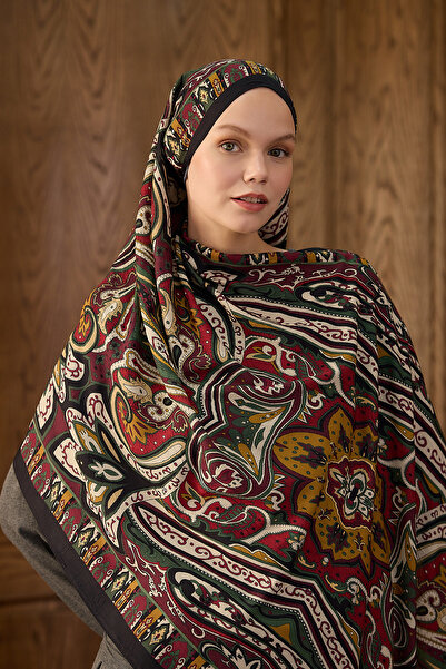 Moda Mevsimi İpekhan Desenli Kraş Şal 7002-14 Siyah Bordo Yeşil