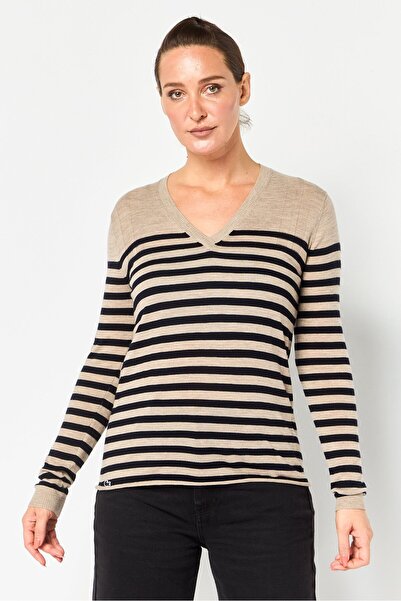 Lacoste Women V-Neck Stripe Sweater, Multicolor