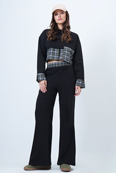 VAGGON Women's Khaki-Black Plaid Detailed Sweatshirt and Wide Leg Pants Set Vs01524