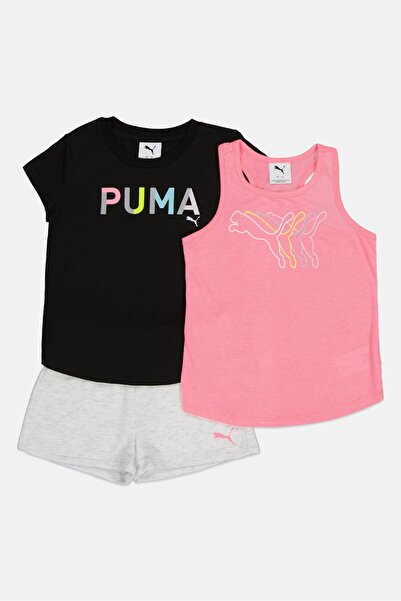 Puma Kids Girl 3 Pieces Brand Logo Short Sleeve T-Shirt And Shorts And Top Set, Multicolor