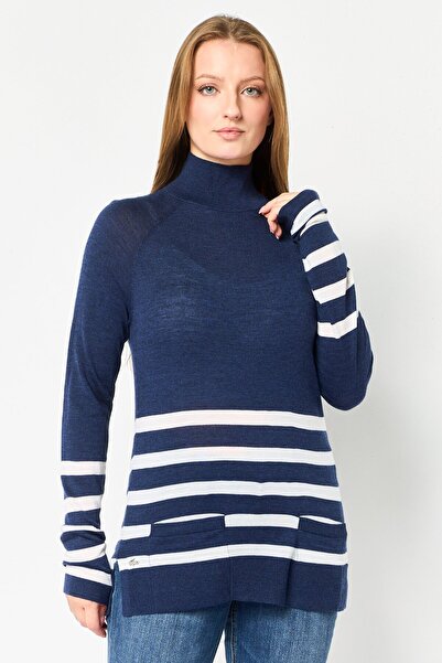Lacoste Women Mock Neck Stripe Sweater, Multicolor