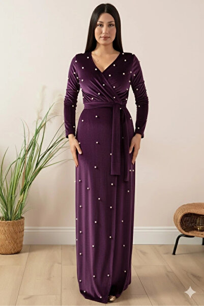 AZRA BUTİK Velvet Pearls Long Evening Dress Purple