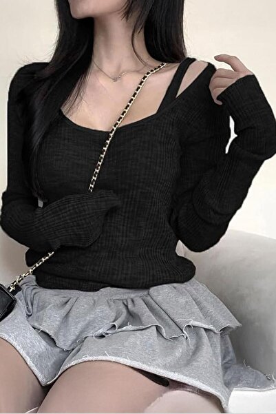 ARS Butik Madonna Collar Attached Strap Detail New Style Y2K Long Sleeve Crop Blouse