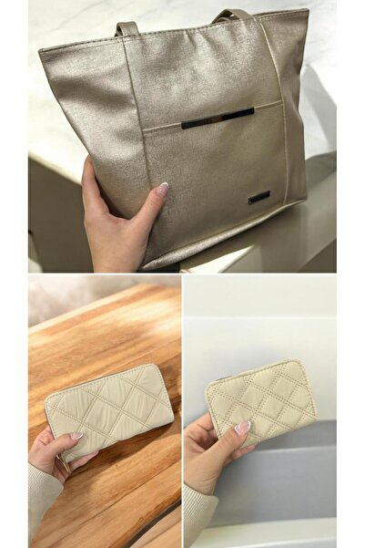 Stilgo Set de 3 geanți de umăr și portofel brodat pentru femei, auriu