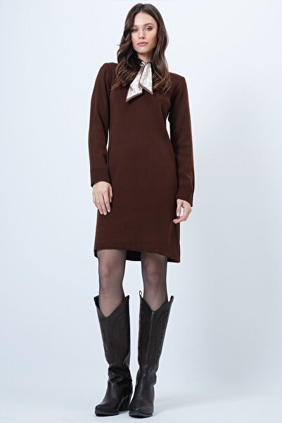 VAGGON Women's Bitter Brown Scarf Shirt Collar Mini Dress Vs01523