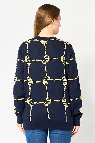 Lacoste Women Crew Neck Allover Print Long Sleeve Sweater, Navy