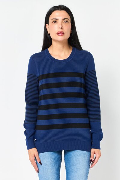 Lacoste سترة نسائية محبوكة برقبة دائرية، متعددة الألوان