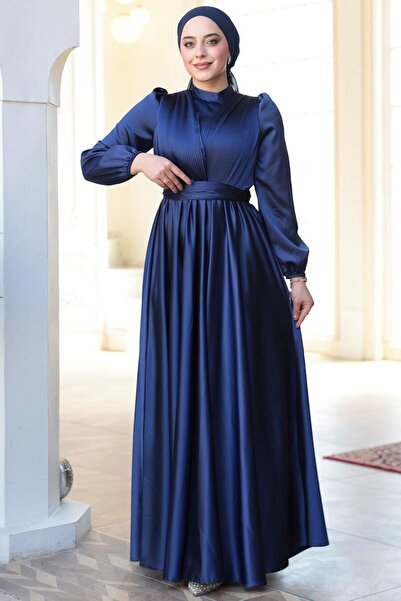 N.S NEVA STYLE Satin Navy Blue Hijab Evening Dress 23821L