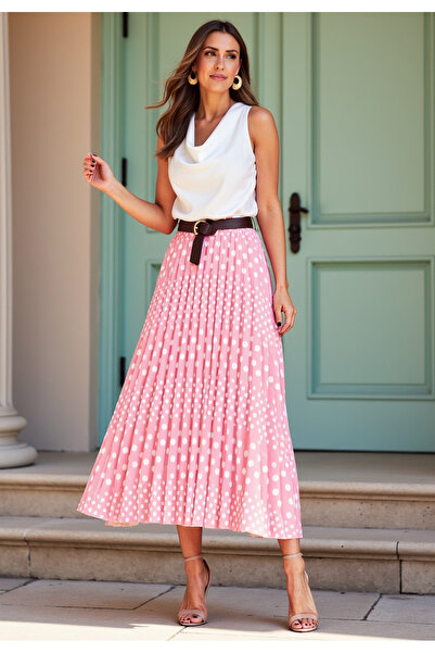 Figl Fustă plisată cu buline - Fustă cu talie înaltă - Fustă roz M1155 Mărimea L/XL