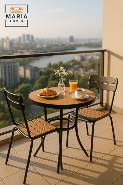 MARIA HOMES Modern Round Dining Table 70x70x75 | Wood Top Metal Frame | Outdo...