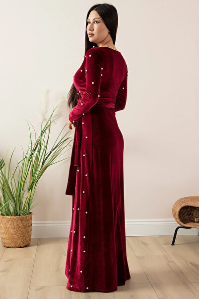 AZRA BUTİK Velvet Pearls Long Evening Dress Burgundy