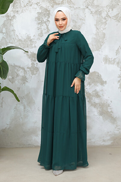 N.S NEVA STYLE Kat Pleated Green Hijab Chiffon Dress 23601Y