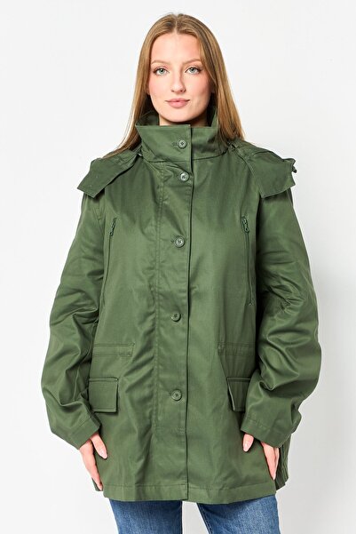 Lacoste Women Solid Long Sleeve Hooded Wind Breaker Jacket, Dark Olive