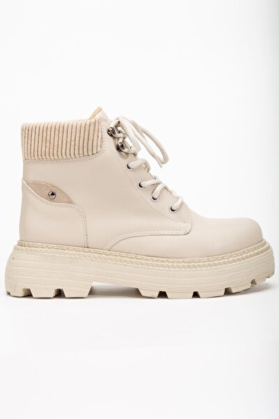 Hayalimdeki Ayakkabı Γυναικείες μπότες με αντιολισθητική σόλα με κορδόνια σε μπεζ δέρμα