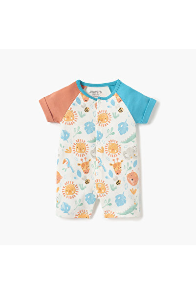 Juniors All-Over Print Romper with Round Neck and Short Sleeves